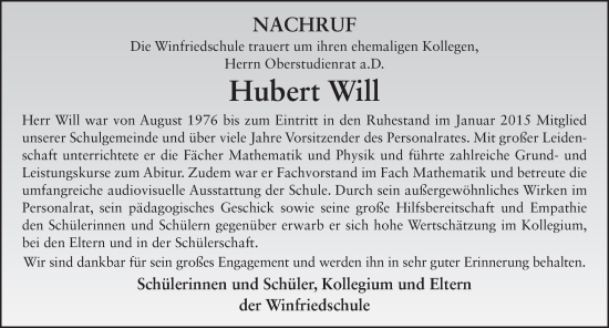 Traueranzeige von Hubert Will von FZ