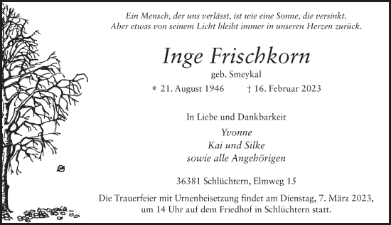 Traueranzeige von Inge Frischkorn von FZ
