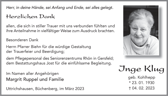 Traueranzeige von Inge Klug von FZ