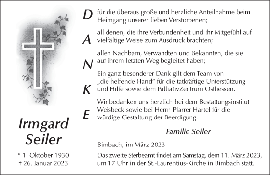 Traueranzeige von Irmgard Seiler von FZ