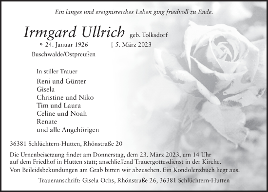 Traueranzeige von Irmgard Ullrich von FZ