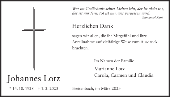 Traueranzeige von Johannes Lotz von FZ