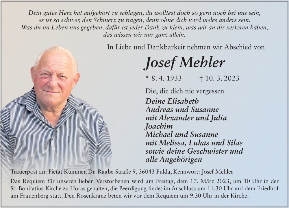  Traueranzeige für Josef Mehler vom 15.03.2023 aus FZ