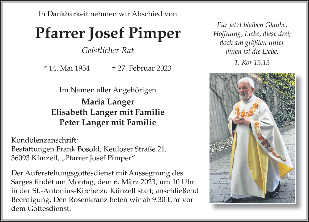  Traueranzeige für Josef Pimper vom 04.03.2023 aus FZ