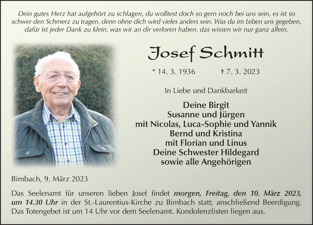  Traueranzeige für Josef Schmitt vom 09.03.2023 aus FZ