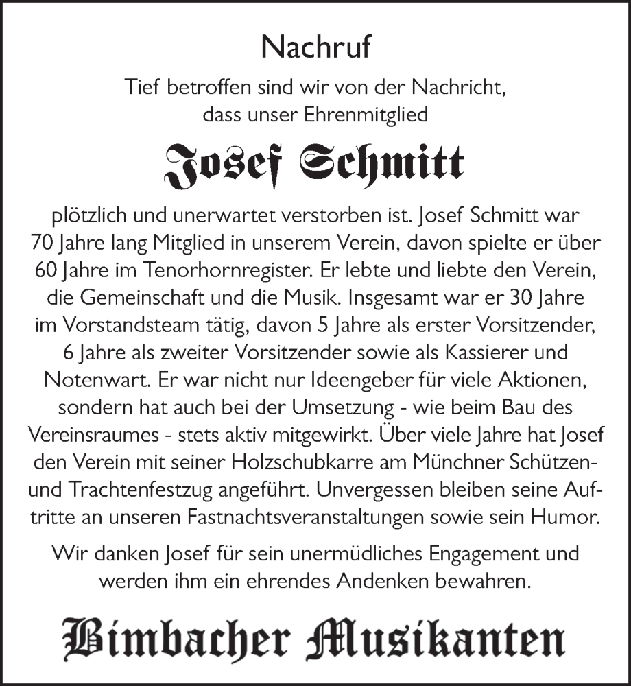  Traueranzeige für Josef Schmitt vom 09.03.2023 aus FZ