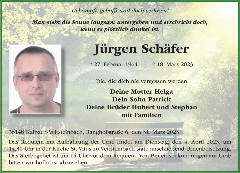  Traueranzeige für Jürgen Schäfer vom 31.03.2023 aus FZ