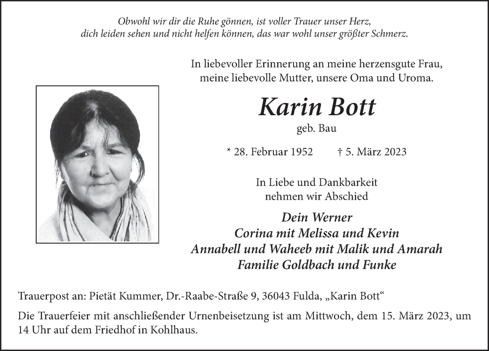  Traueranzeige für Karin Bott vom 11.03.2023 aus FZ