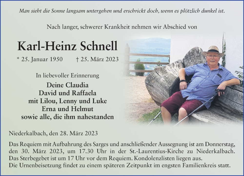 Traueranzeige für Karl-Heinz Schnell vom 28.03.2023 aus FZ