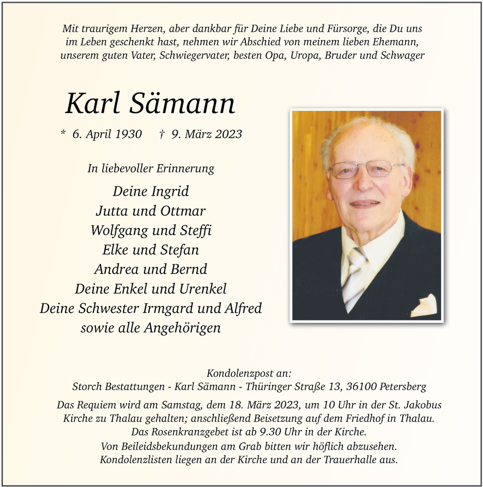  Traueranzeige für Karl Sämann vom 15.03.2023 aus FZ