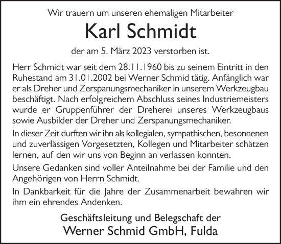 Traueranzeige von Karl Schmidt von FZ