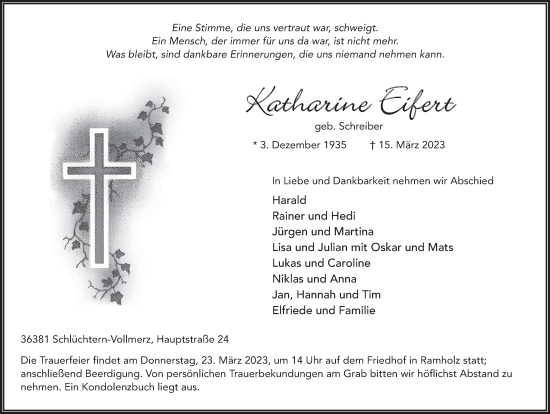 Traueranzeige von Katharine Eifert von FZ