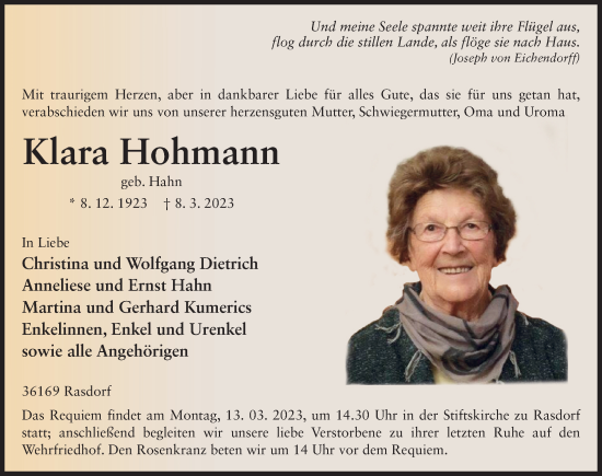 Traueranzeige von Klara Hohmann von FZ