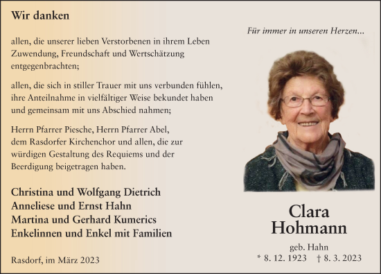 Traueranzeige von Klara Hohmann von FZ