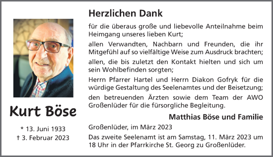 Traueranzeige von Kurt Böse von FZ