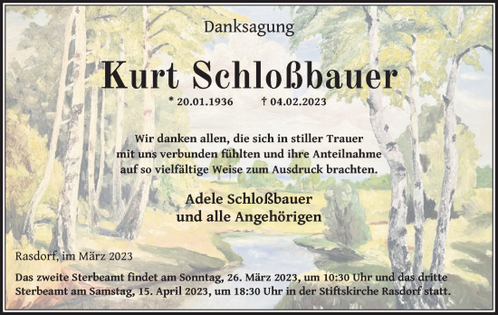 Traueranzeige von Kurt Schloßbauer von FZ