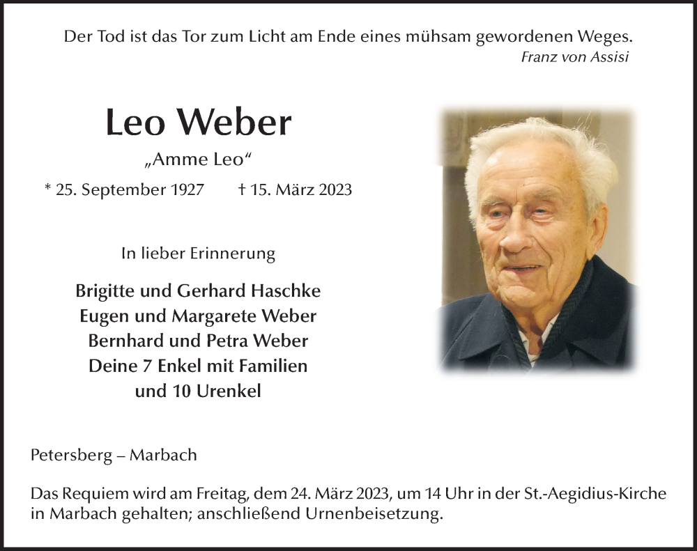  Traueranzeige für Leo Weber vom 22.03.2023 aus FZ