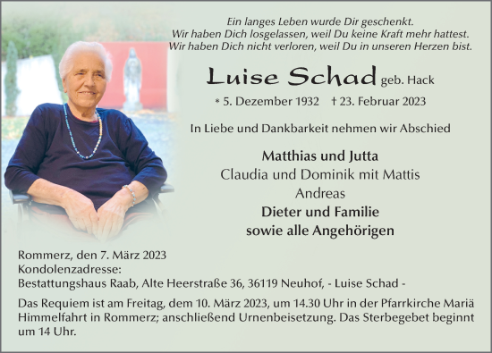Traueranzeige von Luise Schad von FZ