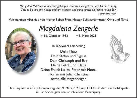 Traueranzeige von Magdalena Zengerle von FZ
