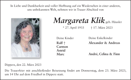Traueranzeige von Margareta Klik von FZ