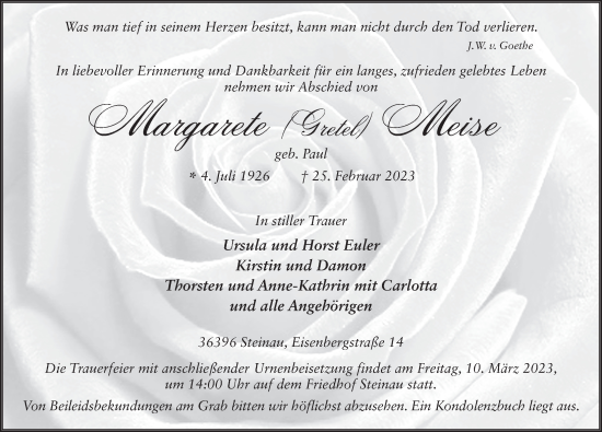 Traueranzeige von Margarete Meise von FZ