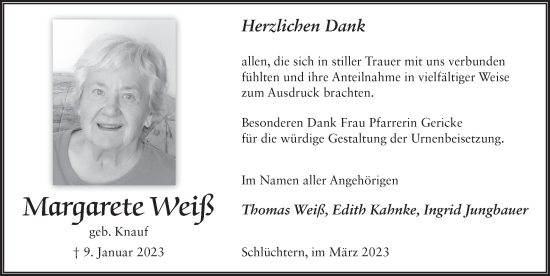 Traueranzeige von Margarete Weiß von FZ