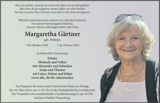 Traueranzeige von Margaretha Gärtner von FZ