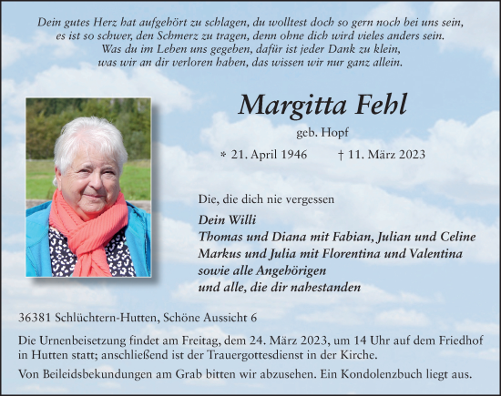 Traueranzeige von Margitta Fehl von FZ