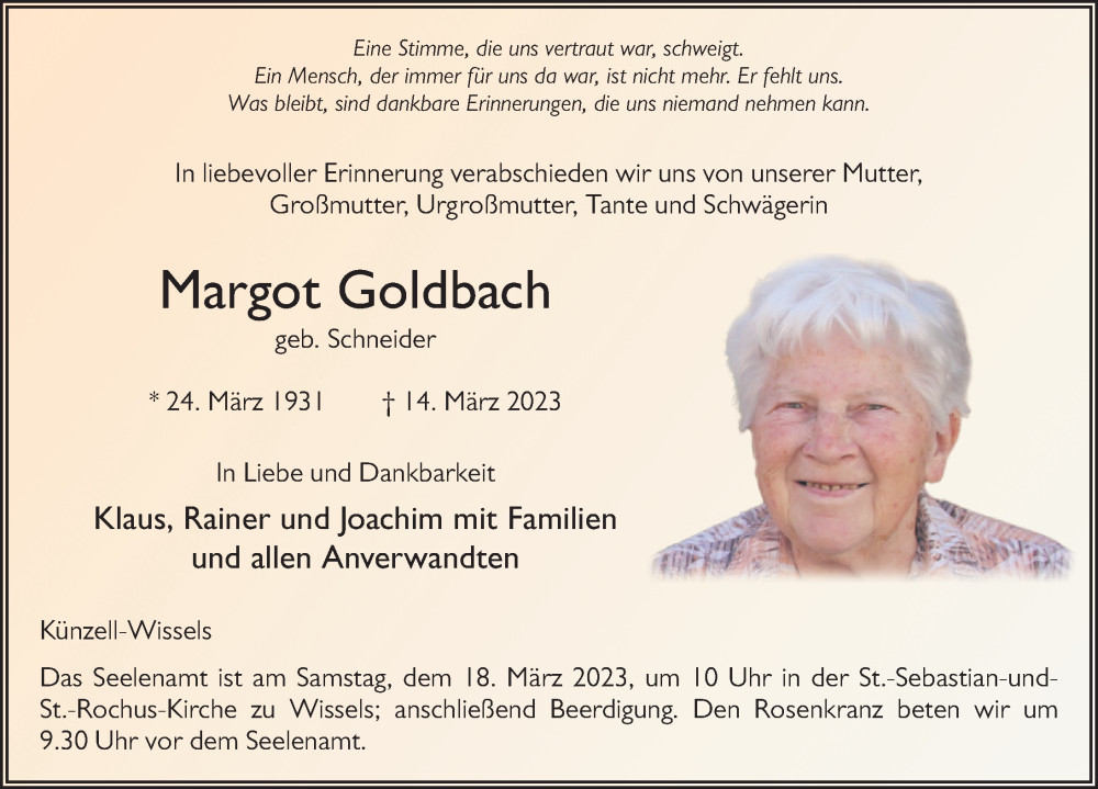  Traueranzeige für Margot Goldbach vom 16.03.2023 aus FZ