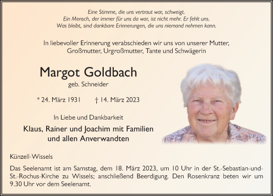 Traueranzeige von Margot Goldbach von FZ