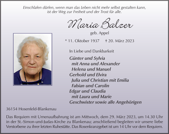 Traueranzeige von Maria Balzer von FZ