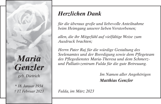 Traueranzeige von Maria Genzler von FZ