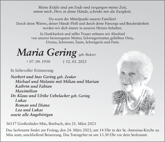 Traueranzeige von Maria Gering von FZ