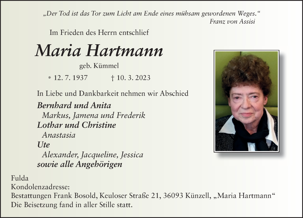  Traueranzeige für Maria Hartmann vom 31.03.2023 aus FZ
