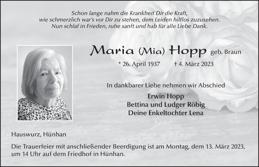  Traueranzeige für Maria Hopp vom 09.03.2023 aus FZ