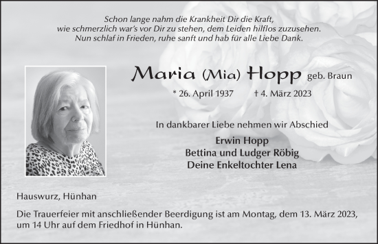 Traueranzeige von Maria Hopp von FZ