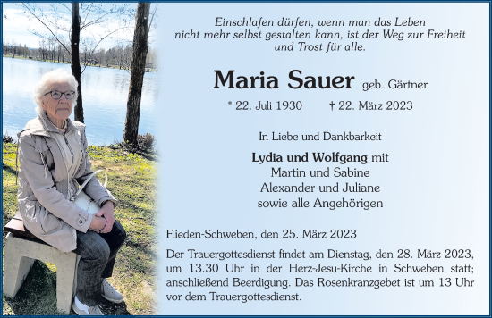 Traueranzeige von Maria Sauer von FZ
