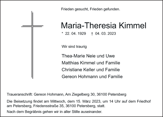 Traueranzeige von Maria-Theresia Kimmel von FZ