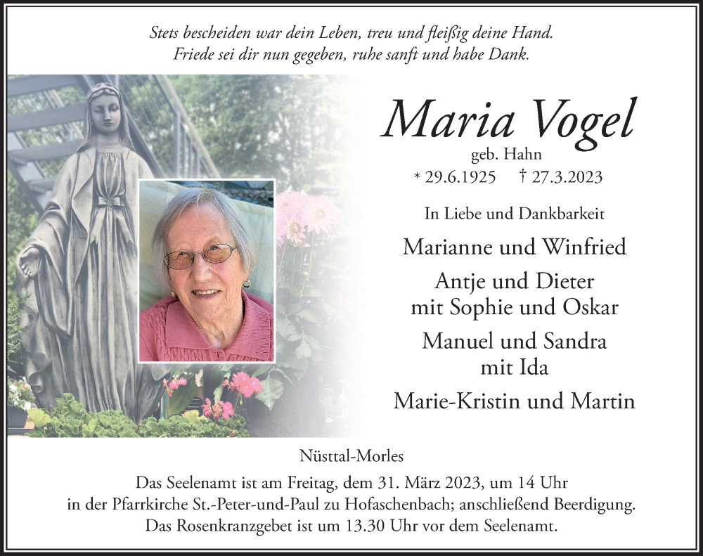  Traueranzeige für Maria Vogel vom 29.03.2023 aus FZ