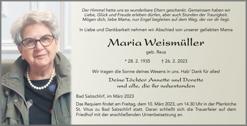  Traueranzeige für Maria Weismüller vom 04.03.2023 aus FZ