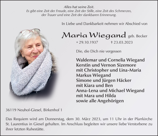 Traueranzeige von Maria Wiegand von FZ