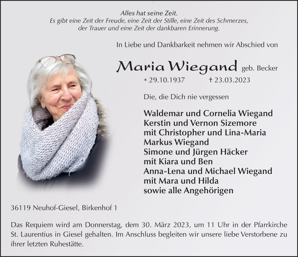  Traueranzeige für Maria Wiegand vom 27.03.2023 aus FZ
