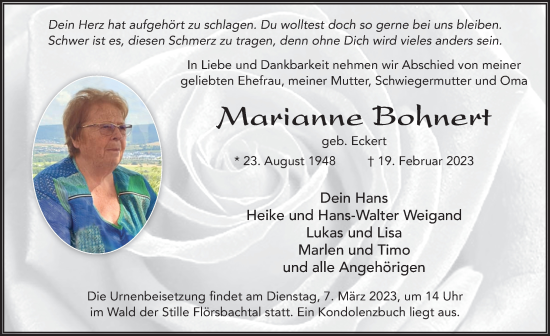 Traueranzeige von Marianne Bohnert von FZ