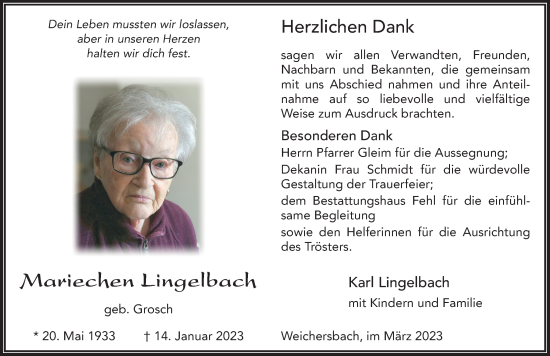 Traueranzeige von Mariechen Lingelbach von FZ
