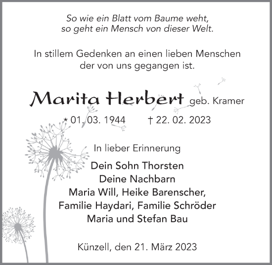 Traueranzeige von Marita Herbert von FZ