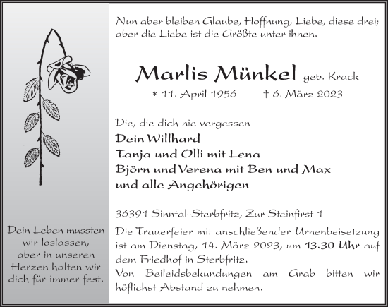 Traueranzeige von Marlis Münkel von FZ