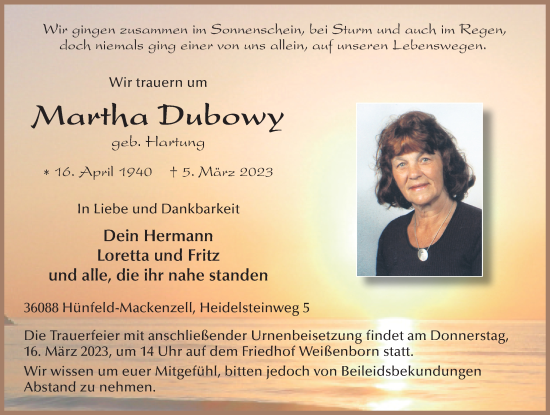 Traueranzeige von Martha Dubowy von FZ