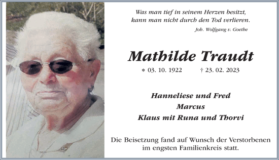 Traueranzeige von Mathilde Traudt von FZ