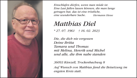 Traueranzeige von Matthias Diel von FZ
