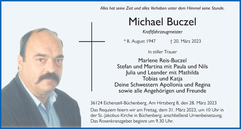  Traueranzeige für Michael Buczel vom 28.03.2023 aus FZ